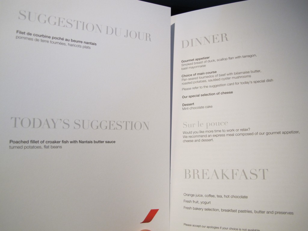 Menu Options - Air France Business Class